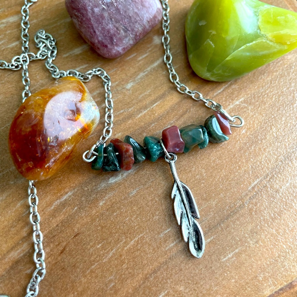 Fancy Jasper Gemstone Feather Charm Necklace